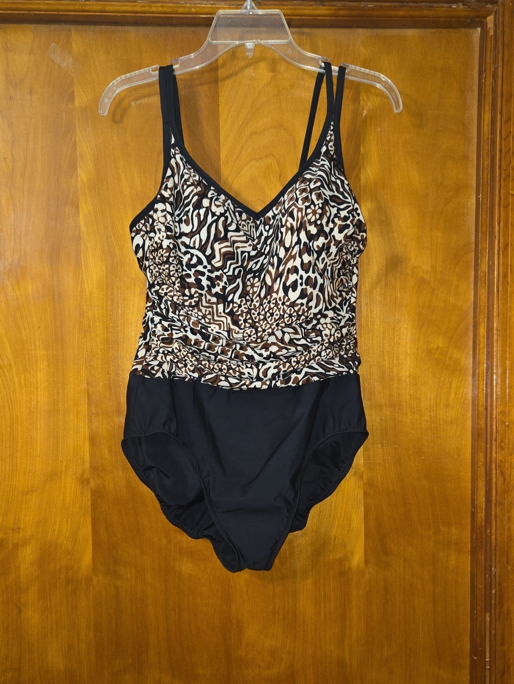 Animal Print V-Neck One-Piece Swimsuit in Black and Brown